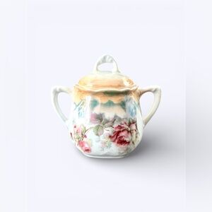 German Sugar Bowl - Double-Handled Floral Lidded Porcelain (Early 20th Century)